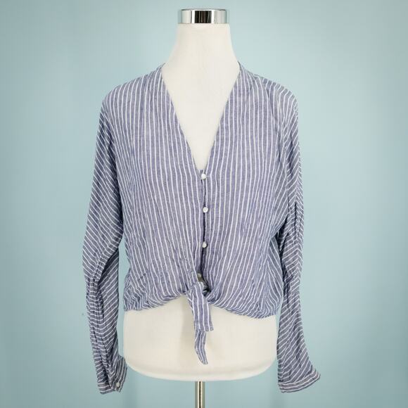 Rails Size Medium M Blue Sloane Terrenas Stripe Print Tie Button Tie Linen Top - Picture 1 of 7